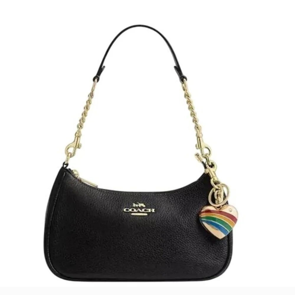 🌈🔹️Coach🔹️ Gold Heart Keychain with Multicolor Stripes